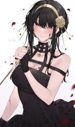 Rule 34 | 1girl, absurdres, bare shoulders, black dress, black gloves, black hair, blood, blood on face, blush, breasts, character name, cleavage, commentary, dress, gloves, hair between eyes, hairband, hand up, highres, holding, holding weapon, kaa-san, large breasts, long hair, looking at viewer, nail polish, petals, red eyes, red nails, reverse grip, rose petals, sidelocks, sleeveless, sleeveless dress, smile, solo, spy x family, upper body, weapon, white background, yor briar