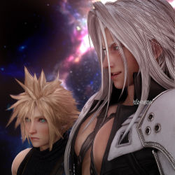 Rule 34 | 2boys, 3d, absurdres, aqua eyes, armor, artist name, black jacket, blonde hair, blush, chest strap, cloud strife, earrings, final fantasy, final fantasy vii, final fantasy vii remake, girl staring at guy&#039;s chest (meme), highres, jacket, jewelry, long hair, looking at another, male focus, meme, multiple boys, parted bangs, pectorals, sephiroth, short hair, shoulder armor, silver hair, single earring, sky, sleeveless, sleeveless turtleneck, smile, spiked hair, square enix, star (sky), starry sky, turtleneck, upper body