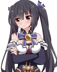 Rule 34 | bare shoulders, black hair, breasts, cleavage, collar, crossed arms, dress, highres, jacket, jewelry, long hair, medium breasts, miruzawa akechi, neptune (series), noire (neptunia), pout, pouting, red eyes, ribbon, ring, tsudere, twintails
