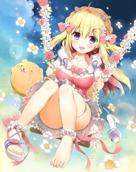 Rule 34 | 1girl, amanatsu purin (yadapot), ankle scrunchie, bad id, bad pixiv id, barefoot, blonde hair, blush, bow, breasts, cleavage, collarbone, commentary request, dress, dutch angle, fang, feet, fingernails, flower, hair between eyes, hair bow, hair flower, hair ornament, hairclip, high heels, holding, long hair, looking at viewer, medium breasts, nail polish, original, pink bow, pink dress, pink flower, pink nails, pink rose, puffy short sleeves, puffy sleeves, rose, sandals, scrunchie, shoes, short sleeves, single shoe, sitting, skin fang, solo, swing, toenail polish, toenails, toes, two side up, very long hair, white flower, white footwear, white scrunchie, yadapot