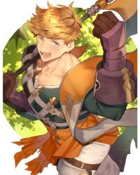 Rule 34 | 1boy, axe, battle axe, blonde hair, blush, clenched hand, from above, granblue fantasy, green eyes, green shirt, higashigunkan, holding, holding axe, looking at viewer, male focus, muscular, muscular male, over shoulder, pants, pectorals, shirt, short hair, solo, tight clothes, tight shirt, vambraces, vane (granblue fantasy), weapon, weapon over shoulder, white pants