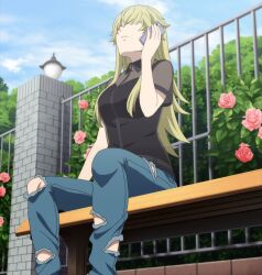 Rule 34 | 1girl, bench, blonde hair, breasts, flower, hair over eyes, highres, kyokou suiri, long hair, medium breasts, otonashi rion, outdoors, screencap, sitting, solo, stitched, third-party edit, torn clothes