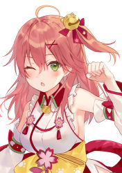 Rule 34 | 1girl, ;o, ahoge, armpits, bell, blush, breasts, chestnut mouth, clenched hand, detached sleeves, fukahire (ruinon), green eyes, hair bell, hair between eyes, hair ornament, hairclip, highres, hololive, long hair, looking at viewer, medium breasts, one eye closed, open mouth, paw pose, paw print, paw print pattern, pink hair, sakura miko, sakura miko (1st costume), sideboob, solo, virtual youtuber, white background, x hair ornament