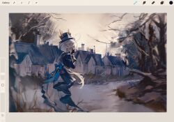 Rule 34 | 1girl, ahoge, art program in frame, art tools in frame, back bow, bare tree, black gloves, blue bow, blue coat, blue hat, bow, chimney, chinese commentary, coat, commentary request, covering face, furina (genshin impact), genshin impact, gloves, gold trim, grass, hat, highres, long hair, long sleeves, low twintails, multicolored hair, outdoors, solo, standing, streaked hair, top hat, tree, twintails, very long hair, white hair, wide shot, xuemen