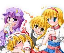 Rule 34 | 4girls, ^^^, alice margatroid, arrow (symbol), ascot, blonde hair, blue eyes, blush, capelet, closed eyes, crescent, crescent pin, cup, drinking, drinking glass, drunk, eyebrows, female focus, flandre scarlet, frilled pillow, frills, gradient background, hairband, harem, hat, hat ribbon, kirisame marisa, long hair, long sleeves, mob cap, multiple girls, open mouth, patchouli knowledge, pillow, purple eyes, purple hair, ribbon, sash, short hair, short sleeves, sleeping, smile, telya, touhou, white background, wide sleeves, yellow eyes, zzz