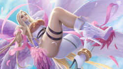 Rule 34 | 1girl, angel, angel wings, angewomon, ass, blonde hair, blue eyes, covered eyes, day, digimon, digimon (creature), elbow gloves, falling feathers, feathers, gloves, high heels, highres, long hair, looking at viewer, outdoors, patreon username, prywinko, signature, solo, unmasked, white footwear, white gloves, white wings, wings