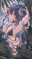 Rule 34 | 1girl, absurdres, ahoge, arm strap, armpits, arms behind head, arms up, bare shoulders, belt buckle, bikini, black bikini, black hair, blue hair, breasts, buckle, bug, commentary, demon girl, demon horns, demon tail, dia (hong), english commentary, facial mark, fang, forest, gradient hair, hair between eyes, hair on horn, highres, horns, huge filesize, hxxg, insect, ladybug, leaf, long hair, looking at viewer, multicolored hair, nature, orange eyes, original, parted lips, plant, purple hair, skin fang, slit pupils, snake, solo, standing, swimsuit, tail, very long hair, wading, water, wet, wet hair
