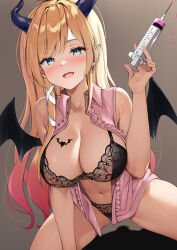 Rule 34 | 1boy, 1girl, absurdres, adapted costume, aqua eyes, asymmetrical hair, black bra, black horns, black panties, blonde hair, blush, bra, breast tattoo, breasts, brown background, bulge, cleavage, collared shirt, commentary, covered erect nipples, cowboy shot, demon girl, demon horns, demon wings, erection, erection under clothes, frilled shirt, frills, gradient background, gradient hair, hair intakes, hair ribbon, heart, heart tattoo, hetero, highres, holding, holding syringe, hololive, horns, large breasts, long hair, looking at viewer, multicolored hair, navel, nipples, no pants, open clothes, open mouth, open shirt, otokucha, panties, pink hair, pink shirt, pointy ears, ribbon, see-through, see-through bra, see-through panties, shirt, simple background, single sidelock, sleeveless, sleeveless shirt, smile, solo focus, spread legs, straddling, swept bangs, syringe, tattoo, thighs, two-tone hair, underwear, virtual youtuber, white ribbon, wing collar, winged heart, wings, yuzuki choco, yuzuki choco (1st costume)