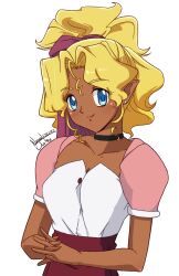 Rule 34 | 1girl, artist name, black choker, blonde hair, blue eyes, choker, closed mouth, collarbone, commission, dark-skinned female, dark skin, dated, earrings, hair ornament, high ponytail, highres, jewelry, kuramitsu mihoshi, looking at viewer, nanaeljustice, own hands together, pointy ears, ponytail, simple background, smile, solo, stud earrings, tagme, tenchi muyou!, wavy hair, white background