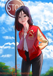 Rule 34 | 1girl, absurdres, alternate costume, artist name, black hair, black pants, blue sky, cloud, cloudy sky, contemporary, cowboy shot, fa mulan (disney), hands in pockets, highres, jacket, leaf, looking at viewer, medium hair, mulan, pants, plant, red eyes, red jacket, road sign, sayuri watanabe, shirt, shirt tucked in, sign, sky, smile, solo, stop sign, tree, white shirt