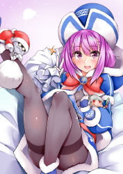 Rule 34 | 1girl, altera (fate), ankh, badge, beanie, blue coat, blue dress, blue footwear, blue gloves, blue hat, blush, boots, bow, breasts, coat, colonel olcott (fate), dress, fate/extella, fate/extra, fate/grand order, fate/grand order arcade, fate (series), fur-trimmed coat, fur-trimmed dress, fur trim, gloves, grey pantyhose, hat, helena blavatsky (christmas) (fate), helena blavatsky (fate), highres, large bow, leg up, long sleeves, looking at viewer, open mouth, pantyhose, purple eyes, purple hair, red bow, sack, sezok, short hair, sitting, small breasts, smile, solo, stuffed toy, thighband pantyhose, thighs