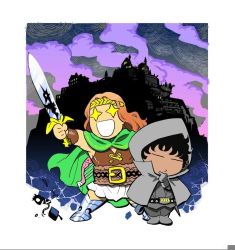 Rule 34 | 2boys, barbarian, belt, black hair, boots, border, building, cape, chibi, city, cloud, fafhrd, fafhrd and the gray mouser, gloves, gray mouser, hamada jun&#039;ichi, hand on own chin, headband, instrument, lankhmar, leg armor, lute (instrument), monster, multiple boys, no nose, open mouth, red hair, silhouette, star (symbol), sword, weapon, yellow eyes