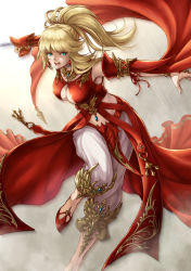 Rule 34 | 1girl, :o, arm blade, blonde hair, blue eyes, breasts, cleavage, commentary request, detached sleeves, earrings, final fantasy, final fantasy xiv, gauntlets, highres, jewelry, large breasts, leg up, lioreo, long hair, lyse hext, necklace, ponytail, single gauntlet, solo, weapon