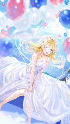 Rule 34 | 1girl, :d, artist name, balloon, barefoot, blonde hair, blue eyes, blurry, blurry foreground, breasts, cleavage, commentary request, depth of field, dress, dutch angle, feet out of frame, floating hair, flower, hachimiya meguru, hair flower, hair ornament, haruri, highres, idolmaster, idolmaster shiny colors, long hair, looking at viewer, medium breasts, open mouth, see-through, sitting, smile, solo, sparkle, strapless, strapless dress, veil, water, wedding dress, white dress, white flower