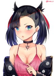 Rule 34 | 1girl, aqua eyes, asymmetrical bangs, asymmetrical hair, bare shoulders, black hair, black jacket, blush, breasts, choker, cleavage, collarbone, commentary, creatures (company), dress, earrings, game freak, hair ribbon, highres, jacket, jewelry, long sleeves, looking at viewer, marnie (pokemon), medium breasts, nintendo, off-shoulder jacket, off shoulder, open clothes, pink dress, pokemon, pokemon swsh, red ribbon, ribbon, rinse 7, simple background, solo, twintails, upper body, white background