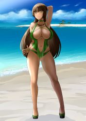 Rule 34 | 1girl, absurdres, arm behind back, arm behind head, bare shoulders, beach, blue sky, breasts, brown hair, chest tattoo, closed mouth, collarbone, commentary, commission, covered erect nipples, dark-skinned female, dark skin, felicia castro, full body, green eyes, green one-piece swimsuit, highres, large breasts, legs, lips, long hair, looking at viewer, navel, ocean, one-piece swimsuit, original, palm tree, pixiv commission, sand, sandals, sankyo (821-scoville), sky, smile, solo, standing, stomach, swimsuit, tattoo, thighs, tree