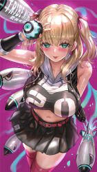 ball bare_shoulders belt belt_buckle black_skirt blonde_hair blush bracer breasts buckle green_eyes himonoata holding holding_ball hood hood_down hoodie irohatsuki large_breasts midriff miniskirt navel pink_background pink_belt pink_thighhighs rocket skirt thighhighs tongue tongue_out tribe_nine twintails