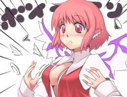 Rule 34 | 1girl, animal ears, blush, breasts, bursting breasts, center opening, cleavage, female focus, frown, haruichi (komikal), large breasts, mystia lorelei, pink hair, popped button, red eyes, short hair, simple background, solo, surprised, touhou, upper body, white background, wings