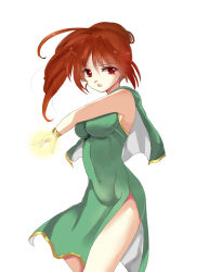 Rule 34 | 1girl, bare shoulders, breasts, brown eyes, brown hair, covered navel, delthea (fire emblem), dress, fire emblem, fire emblem gaiden, green dress, light particles, miyako (mongcocoa), nintendo, side slit, simple background, sleeveless, sleeveless dress, white background