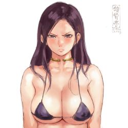 Rule 34 | 1girl, bikini, breasts squeezed together, breasts, brown eyes, closed mouth, collarbone, frown, gold choker, inverted nipples, large breasts, long hair, looking at viewer, micro bikini, original, purple hair, shu-mai, simple background, solo, swimsuit, upper body, white background