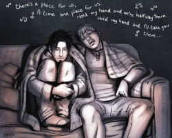 Rule 34 | 2boys, blonde hair, couch, couple, cris art, drooling, english text, full body, greyscale, hand on another&#039;s back, hugging own legs, hulkling, male focus, manspreading, marvel, monochrome, multiple boys, on couch, short hair, sitting, sleeping, socks, wiccan, yaoi