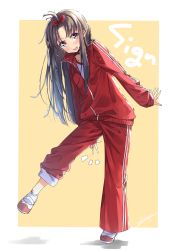 Rule 34 | :d, ^^^, ankle socks, artist name, blue hair, blush, brown hair, commentary request, double vertical stripe, full body, gradient hair, hair ribbon, highres, jacket, leaning on person, long hair, long sleeves, looking at viewer, multicolored hair, open mouth, orange background, original, pants, parted bangs, red eyes, red jacket, red pants, red ribbon, ribbon, round teeth, shoes, sleeves past wrists, smile, socks, solo, standing, straight hair, tareme, teeth, track jacket, track pants, track suit, upper teeth only, uwabaki, v, white footwear, yaki mayu
