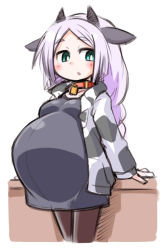Rule 34 | 1girl, animal ears, animal print, bell, neck bell, big belly, blush, chibi, collar, cow ears, cow girl, cow horns, cow print, green eyes, horns, jacket, kugelschreiber, long hair, open clothes, open jacket, original, pantyhose, pregnant, purple hair, sketch, solo