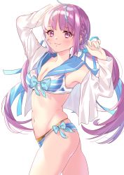 Rule 34 | 1girl, arm behind head, arm up, bare shoulders, bikini, blue bow, blue hair, blue nails, blue ribbon, blue sailor collar, blush, bow, braid, breasts, cleavage, closed mouth, colored inner hair, commentary request, fujishiro kokoa, groin, hair ribbon, hand up, highres, hololive, long hair, long sleeves, looking at viewer, medium breasts, minato aqua, multicolored hair, nail polish, navel, off shoulder, open clothes, open shirt, purple eyes, purple hair, ribbon, sailor collar, see-through, shirt, simple background, smile, solo, striped bikini, striped clothes, swimsuit, twintails, two-tone hair, very long hair, virtual youtuber, wet, wet clothes, white background, white shirt