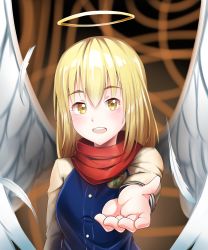 Rule 34 | 10s, 1girl, :d, absurdres, anzu (hinamatsuri), blonde hair, blunt bangs, blush, dress shirt, feathered wings, highres, hinamatsuri (manga), long hair, looking at viewer, open mouth, outstretched arm, red scarf, scarf, shirt, smile, solo, upper body, white wings, wings, yellow eyes, yunyunmaru
