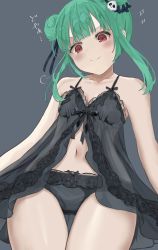 Rule 34 | 1girl, alternate hairstyle, bare arms, bare shoulders, black chemise, black panties, bow, bow bra, bow panties, bra, chemise, closed mouth, collarbone, double bun, fang, fang out, flat chest, front slit, green hair, hair bun, hair ornament, hair ribbon, highres, hololive, lace, lace-trimmed chemise, lace-trimmed panties, lace trim, lingerie, mashiro chun, medium hair, navel, panties, red eyes, ribbon, sidelocks, skin fang, skull hair ornament, smile, solo, thighs, underwear, underwear only, uruha rushia, virtual youtuber