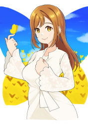 Rule 34 | 1girl, artist name, artist request, blue sky, blush, breasts, brown eyes, brown hair, bug, butterfly, butterfly on hand, clenched hand, cloud, collarbone, day, dress, female focus, hair between eyes, highres, insect, kunikida hanamaru, light brown hair, long hair, long sleeves, looking at viewer, love live!, love live! sunshine!!, medium breasts, miniskirt, nail, nail polish, outdoors, parted lips, pink nails, pink nails, plaid, plaid dress, plaid skirt, pleated, pleated dress, pleated skirt, skirt, sky, smile, solo, white background, white dress, white skirt, wide sleeves, yellow butterfly, yellow eyes