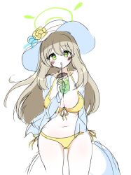 Rule 34 | 1girl, blue archive, green eyes, green hair, green halo, halo, hat, highres, looking at viewer, midriff, navel, nonomi (blue archive), nonomi (swimsuit) (blue archive), simple background, solo, swimsuit, thighs, white background, white hat, yukki bunny