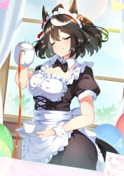Rule 34 | 1girl, absurdres, ahoge, alternate costume, animal ears, apron, black hair, blush, breasts, closed eyes, closed mouth, cup, enmaided, failure, highres, horse ears, horse girl, horse tail, kitasan black (umamusume), maid, maid headdress, medium breasts, medium hair, pouring, ribbon, smile, solo, sparkle, standing, sunny (20597521), tail, teacup, umamusume, window