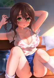 Rule 34 | 1girl, arms behind head, bag, bench, blush, bra, bralines, breasts, brown hair, commentary request, green eyes, hair between eyes, highres, knees up, large breasts, long hair, looking at viewer, neit ni sei, open mouth, original, park bench, red bra, school bag, see-through, shadow, shirt, sitting, skirt, socks, solo, sunlight, towel, underwear, wet, wet clothes, wet shirt