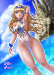 Rule 34 | 1girl, beach, blonde hair, blue eyes, boken fantasy, braid, casual one-piece swimsuit, day, dutch angle, highres, long hair, navel, ocean, one-piece swimsuit, original, outdoors, solo, swimsuit, twin braids, water