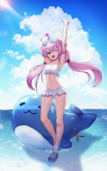 Rule 34 | 1girl, absurdres, ahoge, armpits, bikini, bikini skirt, blue archive, blue eyes, breasts, eyewear on head, full body, hair ornament, halo, heterochromia, highres, hoshino (blue archive), hoshino (swimsuit) (blue archive), inflatable toy, long hair, low twintails, melreon, navel, one eye closed, open mouth, outdoors, pink hair, sandals, small breasts, smile, solo, sunglasses, swimsuit, twintails, wet, white bikini, yellow eyes