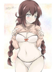 Rule 34 | 1girl, bra, braid, breasts, brown hair, brown sweater, cleavage, clothes lift, cowboy shot, gakky, grey eyes, kantai collection, large breasts, lifted by self, long hair, medium breasts, noshiro (kancolle), one-hour drawing challenge, panties, ribbed sweater, simple background, solo, sweater, sweater lift, swept bangs, twin braids, underwear, white background, white bra, white panties