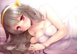 Rule 34 | 10s, 1girl, ayuteisyoku, bed sheet, black hair, blanket, blush, breasts, cleavage, hair ornament, hairband, hairclip, haruna (kancolle), headgear, jewelry, kantai collection, large breasts, long hair, looking at viewer, lying, naked sheet, nipples, nude, on bed, on side, pov across bed, red eyes, ring, see-through, see-through silhouette, smile, solo, under covers, wedding band