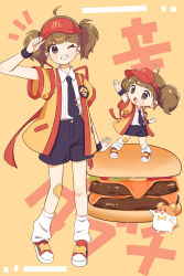 1girl ;d adjusting_clothes adjusting_headwear ahoge akane_(akane112234) arm_at_side arm_up badge black_eyes black_necktie black_shorts blunt_bangs brown_hair burger button_badge chibi chibi_inset commentary_request food gauze_on_knee grin hat highres imadake_dabuchi_tabemi loose_socks mcdonald&#039;s necktie on_floor one_eye_closed open_mouth orange_background orange_happi oversized_food oversized_object pinstripe_pattern pinstripe_shirt red_footwear red_hat red_shirt red_trim shirt shorts smile socks standing standing_on_object tie_clip twintails two-tone_shirt velcro_footwear visor_cap white_shirt white_socks