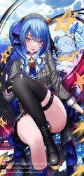 Rule 34 | 1girl, ascot, beret, black thighhighs, blue ascot, blue choker, blue eyes, blue hair, boots, brooch, choker, crown, gloves, hat, high side ponytail, highres, hololive, hoshimachi suisei, hoshimachi suisei (1st costume), jewelry, long hair, looking at viewer, mini crown, partially fingerless gloves, plaid, plaid headwear, pleated skirt, single thighhigh, sitting, skirt, solo, star (symbol), thigh strap, thighhighs, thighs, virtual youtuber, watermark, yusuke (shiota)