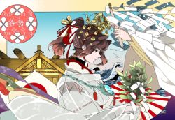 Rule 34 | 10s, 1girl, architecture, branch, brown hair, chin strap, commentary, east asian architecture, floral print, gohei, hair ornament, ise (kancolle), japanese clothes, kantai collection, kousetsu (nonosuke), long sleeves, miko, onbashira, oonusa, ponytail, red eyes, shide, shrine, solo, temple, translation request, waves, wide sleeves
