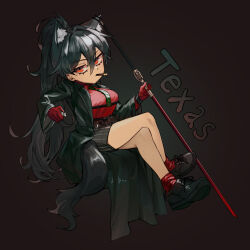 1girl animal_ear_fluff animal_ears arknights black_hair black_jacket black_shorts breasts chibi cigarette closed_mouth collared_shirt deformed extra_ears fkskii65 gloves hair_between_eyes holding holding_sword holding_weapon jacket lighter long_hair long_sleeves looking_at_viewer necktie official_alternate_costume open_clothes ponytail red_eyes red_gloves red_hair red_shirt shirt shorts solo sword tail texas_(arknights) texas_(willpower)_(arknights) weapon wolf_ears wolf_girl wolf_tail