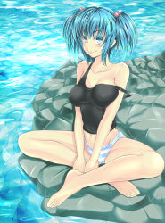 Rule 34 | 1girl, aqua eyes, bare shoulders, barefoot, blonde hair, blue eyes, blush, breast press, breasts, cleavage, collarbone, covered erect nipples, groin, highres, kawashiro nitori, large breasts, looking at viewer, midriff, navel, no headwear, panties, reflection, river, rock, short hair, sitting, sitting on rock, smile, solo, sparkle, stomach, stone, strap slip, striped clothes, striped panties, takamichis211, tank top, touhou, twintails, two side up, underwear, water