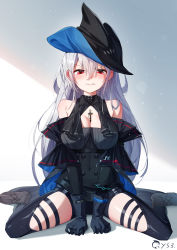 Rule 34 | 1girl, arknights, bare shoulders, between breasts, black gloves, black headwear, black pants, blush, boots, breasts, chinese commentary, cleavage, commentary request, gloves, grey footwear, hair between eyes, highres, large breasts, leggings, long hair, looking at viewer, md5 mismatch, pants, qys3, red eyes, resolution mismatch, shadow, sidelocks, silver hair, sitting, skadi (arknights), skadi (elite ii) (arknights), solo, source larger, tears, thighs, v-shaped eyebrows, very long hair, wariza, white background