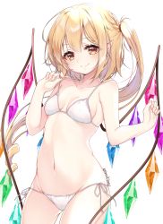 Rule 34 | 1girl, absurdres, adjusting clothes, adjusting swimsuit, bikini, blonde hair, braid, breasts, closed mouth, cowboy shot, crystal, drill hair, flandre scarlet, groin, hair tie, haruki (colorful macaron), highres, long hair, looking at viewer, navel, pointy ears, red eyes, side-tie bikini bottom, side ponytail, simple background, small breasts, smile, solo, standing, string bikini, swimsuit, touhou, twitter username, white background, white bikini, wings