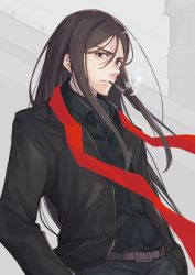Rule 34 | 1boy, belt, belt buckle, black jacket, black pants, black shirt, brown belt, brown hair, buckle, cheekbones, cigar, cigarette, collared shirt, commentary request, dress shirt, fate (series), formal, green eyes, hair between eyes, highres, jacket, long hair, long sleeves, looking at viewer, lord el-melloi ii, lord el-melloi ii case files, male focus, mouth hold, necktie, open clothes, open jacket, pants, parted bangs, parted lips, red necktie, shirt, sidelocks, simple background, smoke, smoking, solo, standing, suit, tapioka (oekakitapioka), undone necktie, upper body, very long hair, waver velvet