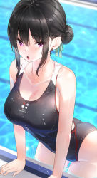 Rule 34 | 1girl, :o, ass, bare arms, bare shoulders, black hair, black one-piece swimsuit, breasts, cleavage, collarbone, commentary request, competition swimsuit, hair bun, hair ribbon, highres, kfr, large breasts, looking at viewer, one-piece swimsuit, open mouth, original, pool, purple eyes, ribbon, sidelocks, single hair bun, solo, swimsuit, thighs, water, wet
