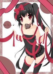 Rule 34 | 1girl, black hair, chocolate, fhara, kooh, leotard, lingerie, long hair, mouth hold, pangya, red eyes, ribbon, solo, teddy (lingerie), thighhighs, twintails, valentine