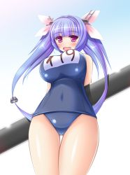 Rule 34 | 10s, 1girl, blue hair, blue sky, breasts, cloud, hair ornament, hair ribbon, huge breasts, i-19 (kancolle), kantai collection, long hair, nak yama, name tag, one-piece swimsuit, open mouth, personification, red eyes, ribbon, school swimsuit, sky, smile, solo, star-shaped pupils, star (symbol), swimsuit, symbol-shaped pupils, torpedo, twintails