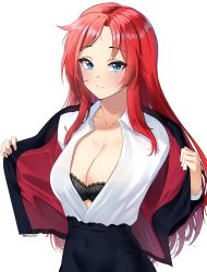 Rule 34 | 1girl, absurdres, black bra, black jacket, black skirt, blue eyes, blush, bra, breasts, cleavage, closed mouth, collarbone, collared shirt, commission, covered navel, dress shirt, high-waist skirt, highres, jacket, large breasts, long hair, long sleeves, looking at viewer, open clothes, open shirt, original, red hair, shirt, simple background, skirt, smile, solo, standing, steeb, straight hair, underwear, undressing, very long hair, white background, white shirt, wing collar